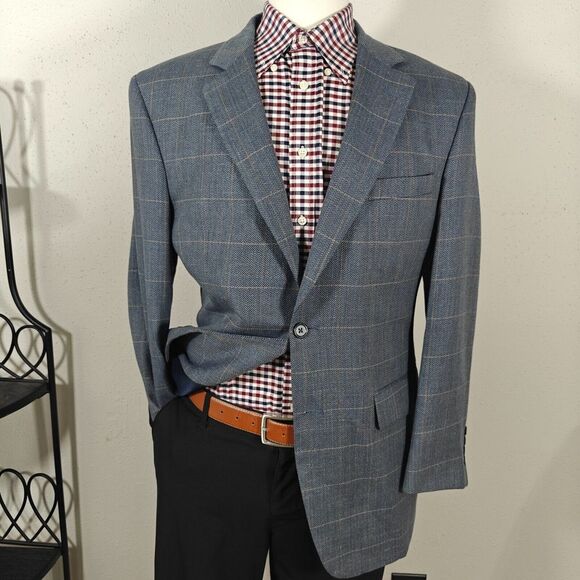 JOS A BANK Men's Sport Coat Blazer Blue Herringbone Plaid Silk Wool Linen Sz 40R - Picture 1 of 12
